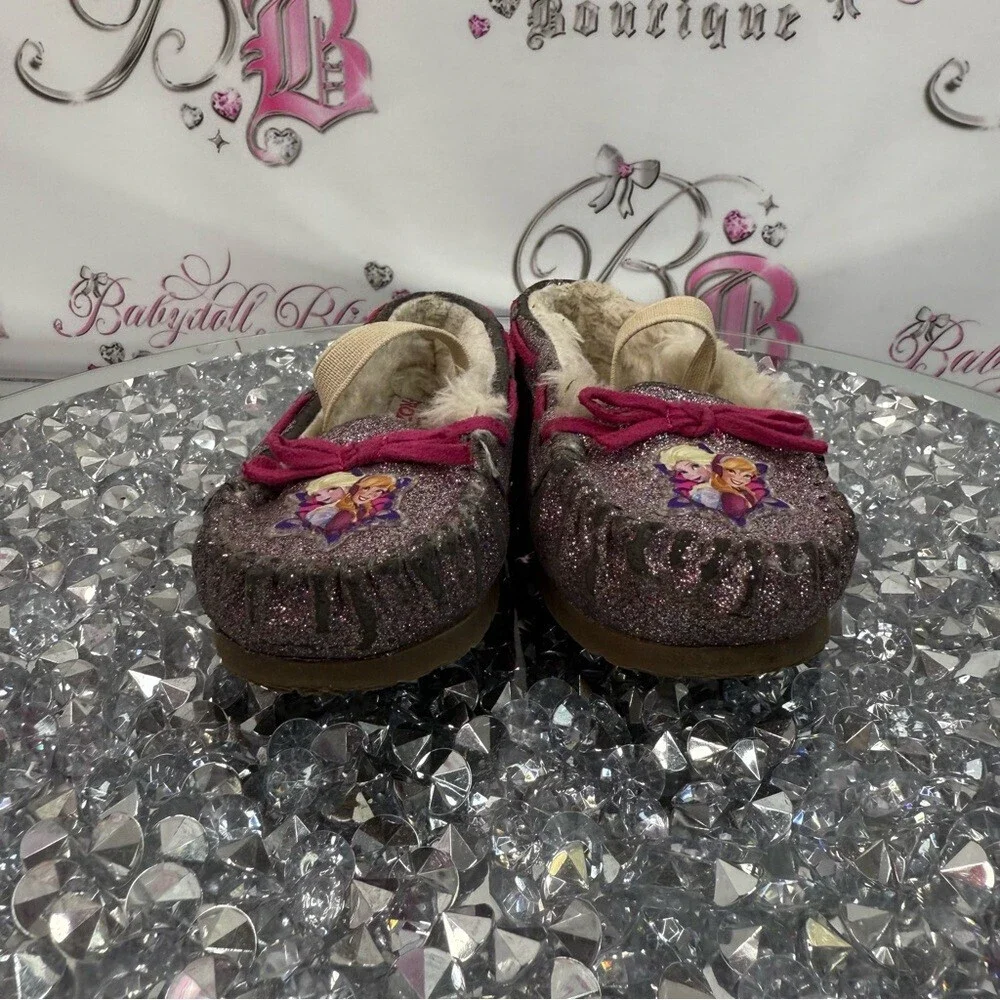 Disney moccasins Frozen Elsa princess sparkly Glitter Slippers with Pink Laces
